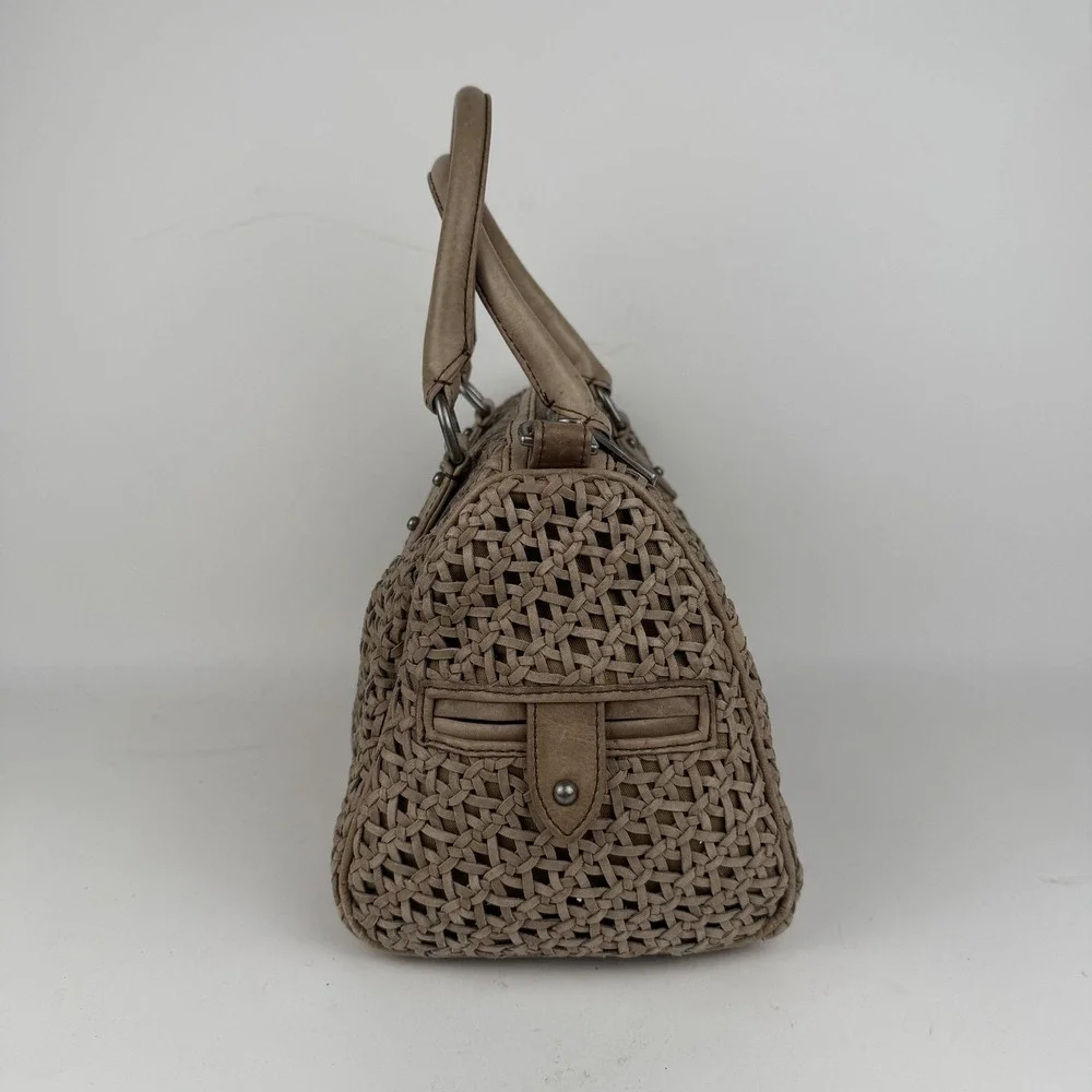 Rebecca‎ Minkoff Satchel Bag Womens Taupe Woven Leather Top Handle Handbag